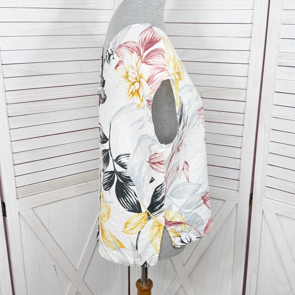 C&C California Tropical Palm Print Linen Button Back Shirt White Multi Medium - Picture 3 of 11